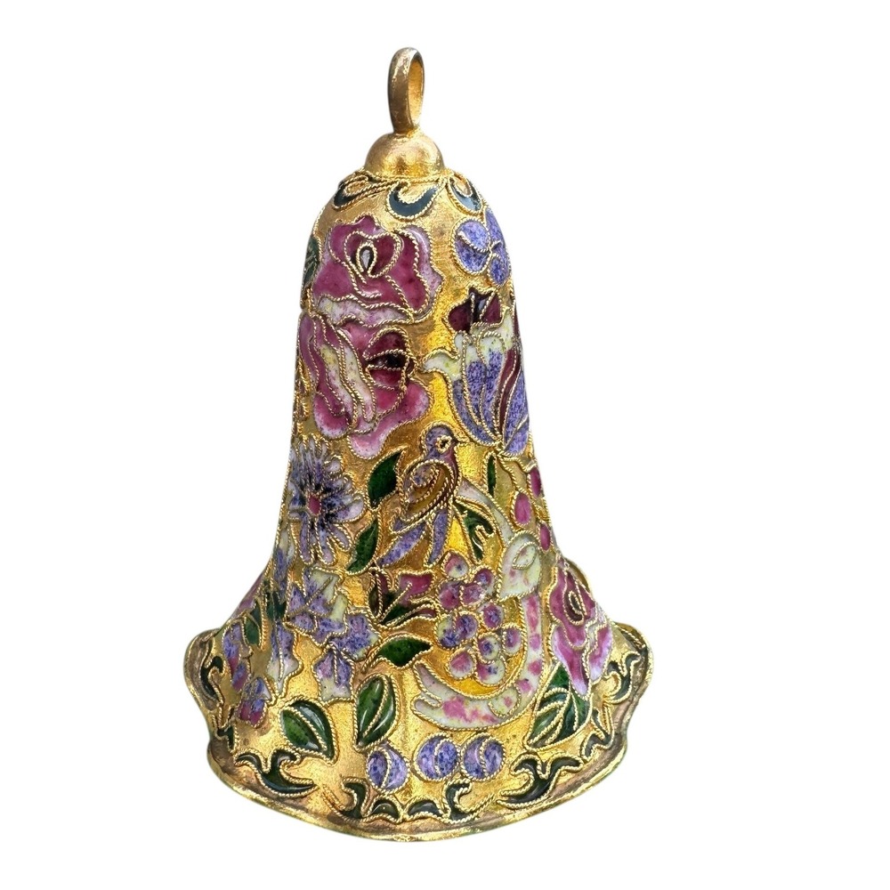 Vintage Cloisonne Enamel Bell Gold Gilt Floral Rose Bird Filigree‎ Decor